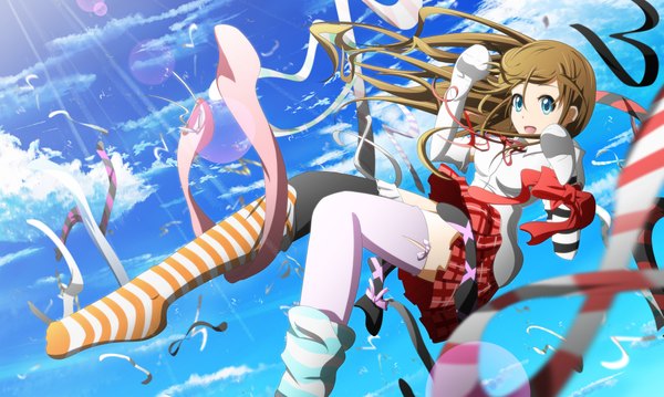 Anime picture 4042x2425 with original igashiko (artist) highres blue eyes brown hair wide image absurdres sky cloud (clouds) flying girl thighhighs socks striped socks