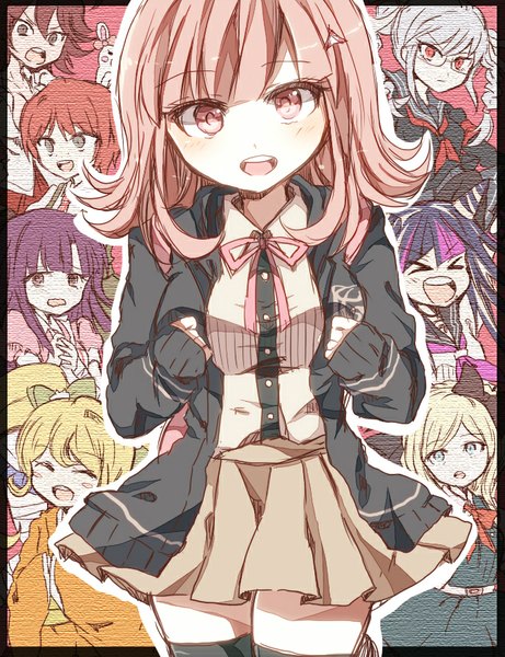 イラスト 687x894 と ダンガンロンパ スーパーダンガンロンパ2 七海千秋 モノミ 澪田唯吹 sonia nevermind pekoyama peko saionji hiyoko koizumi mahiru owari akane ちまり 長髪 長身像 カメラ目線 赤面 前髪 おっぱい 開いた口 青い目 金髪