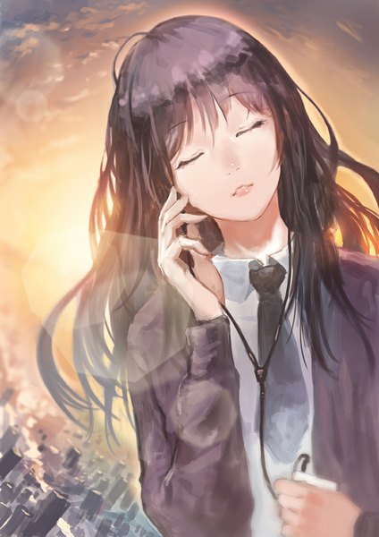 Anime picture 800x1132 with original meto31 single long hair tall image fringe black hair holding sky cloud (clouds) outdoors eyes closed wind lips sunlight city portrait cityscape sunbeam hand on cheek