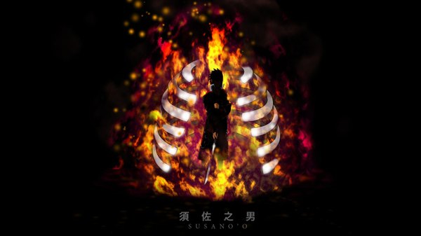 Anime picture 1280x720 with naruto studio pierrot naruto (series) uchiha sasuke short hair wide image inscription shadow dark background skeleton bone (bones) boy weapon sword fire susanoo (naruto)