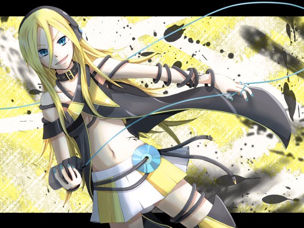 Anime picture 1600x1200 with vocaloid lily (vocaloid) long hair blonde hair nail polish girl miniskirt headphones collar