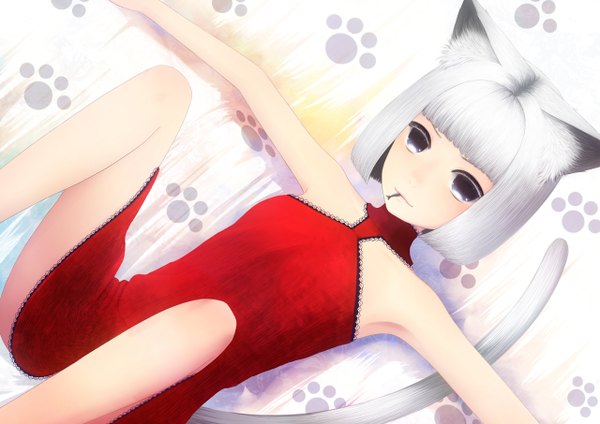 Anime picture 1280x906 with bounin short hair blue eyes animal ears white hair lying cat ears cat girl cat tail girl