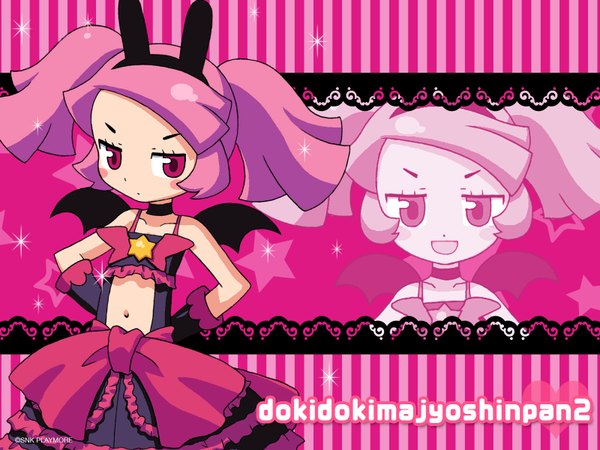 Anime picture 1600x1200 with doki doki majo shinpan rizumi neon single short hair twintails animal ears pink hair pink eyes official art bare belly copyright name short twintails fake animal ears hands behind back bat wings blush stickers girl navel bow wings