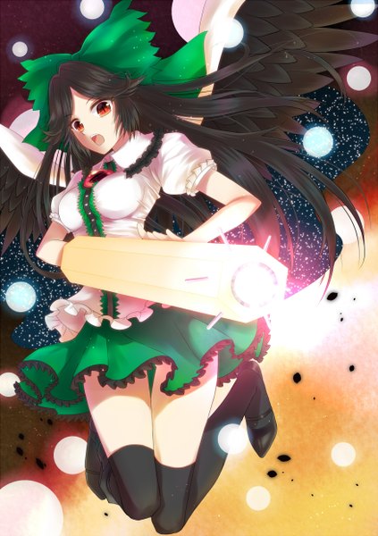 Anime picture 1748x2480 with touhou reiuji utsuho nunucco long hair tall image highres open mouth black hair red eyes starry sky print arm cannon girl thighhighs skirt bow weapon black thighhighs hair bow miniskirt wings