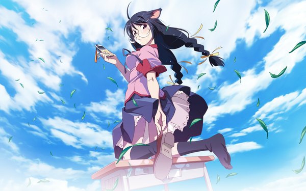 Anime picture 1920x1200 with bakemonogatari shaft (studio) monogatari (series) hanekawa tsubasa highres wide image animal ears sky cat girl girl glasses
