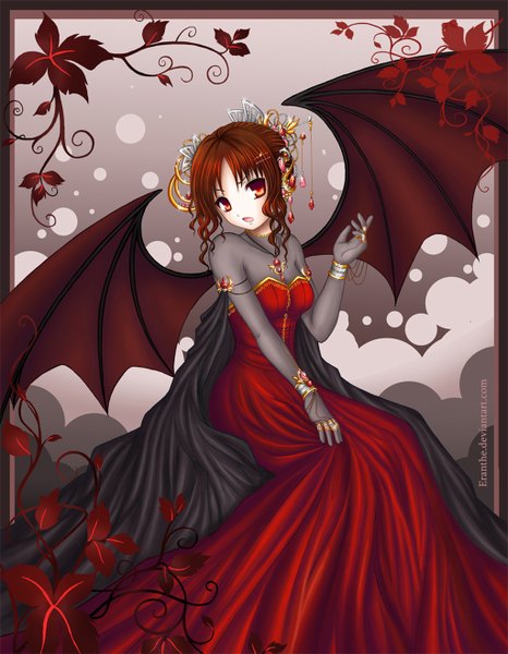 Anime picture 1024x1317 with original eranthe single tall image short hair open mouth brown hair sitting orange eyes bat wings girl dress hair ornament wings leaf (leaves) jewelry