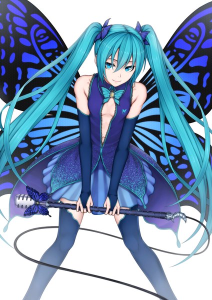 Anime picture 849x1200 with vocaloid hatsune miku heisei yutorin single tall image blue eyes simple background white background twintails bare shoulders blue hair very long hair insect wings butterfly wings girl thighhighs dress black thighhighs wings microphone