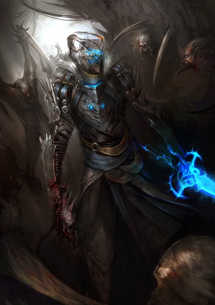 Anime picture 1000x1414 with dead space isaac clarke daniel kamarudin tall image open mouth standing holding glowing glowing eye (eyes) battle glowing weapon long tongue boy weapon sword armor blood helmet monster necromorph