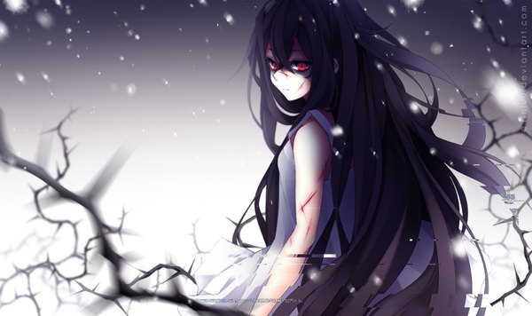 Anime picture 1002x595 with riniuu single long hair fringe red eyes wide image looking away purple hair looking back from behind inscription snowing winter bare tree girl plant (plants) tree (trees) blood branch thorns