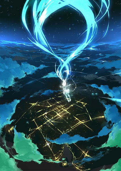 Anime picture 1000x1413 with vocaloid hatsune miku tameiki single tall image twintails sky cloud (clouds) very long hair from above night glowing spread arms horizon city lights falling girl star (stars)