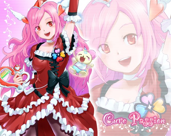 Anime picture 1280x1024 with precure fresh precure! toei animation higashi setsuna cure passion chiffon (fresh precure!) mayoriyo single long hair looking at viewer blush red eyes pink hair wallpaper character names outstretched arm zoom layer girl dress heart