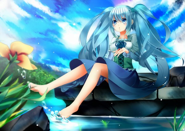 Anime picture 1722x1225 with vocaloid hatsune miku oumi hi single long hair highres blue eyes sitting twintails blue hair sky cloud (clouds) girl dress flower (flowers) plant (plants)