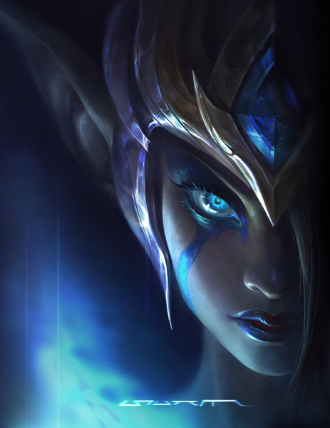Anime picture 2000x2592 with league of legends morgana (league of legends) su-ke (artist) single tall image looking at viewer fringe highres blue eyes lips pointy ears hair over one eye lipstick portrait eyeshadow girl