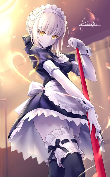 Anime picture 565x900 with fate (series) fate/grand order fate/stay night carnival phantasm artoria pendragon (all) saber saber alter kousaki rui single tall image looking at viewer fringe short hair breasts light erotic blonde hair hair between eyes standing holding signed