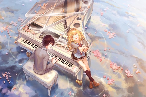 Anime picture 1181x788 with shigatsu wa kimi no uso a-1 pictures miyazono kaori arima kousei mizukai long hair short hair open mouth blonde hair smile brown hair sitting yellow eyes cloud (clouds) outdoors :d pleated skirt open clothes arms up cherry blossoms