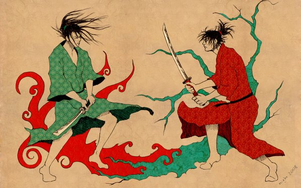 Anime picture 1920x1200 with vagabond tagme (character) miyamoto musashi kojirou sasaki nighr highres wide image sword