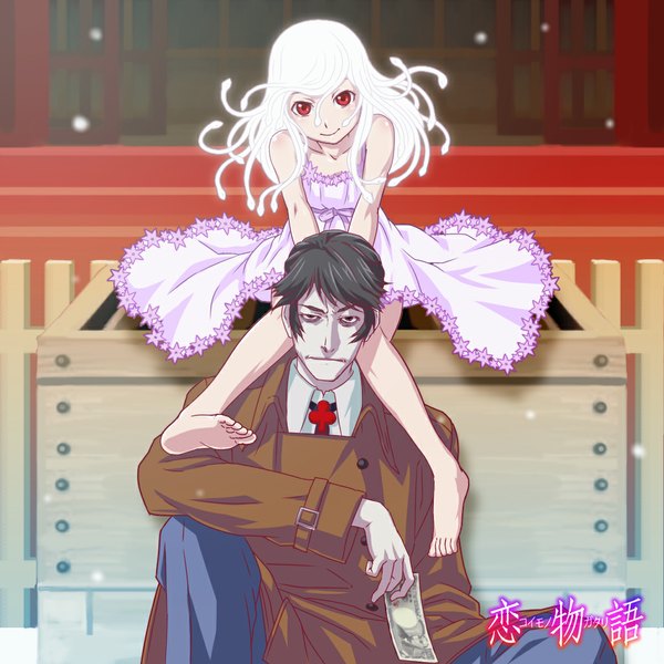 Anime picture 1024x1024 with bakemonogatari nisemonogatari shaft (studio) monogatari (series) sengoku nadeko nadeko medusa kaiki deishu sjw kazuya looking at viewer short hair red eyes holding barefoot grey eyes snowing winter pale skin girl dress boy