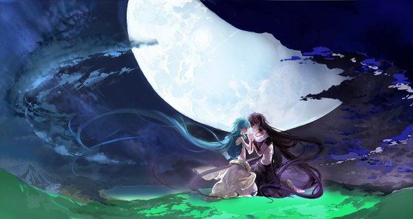 Anime picture 1200x637 with magi the labyrinth of magic a-1 pictures judal aladdin (magi) hara (pixiv) fringe black hair wide image holding blue hair very long hair profile night multiple boys holding hands muscle face to face shounen ai boy bracelet