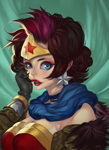 Anime picture 900x1234 with dc comics wonder woman elsevilla single tall image looking at viewer short hair breasts open mouth blue eyes brown hair large breasts pink hair multicolored hair mole two-tone hair teeth lipstick close-up red lipstick