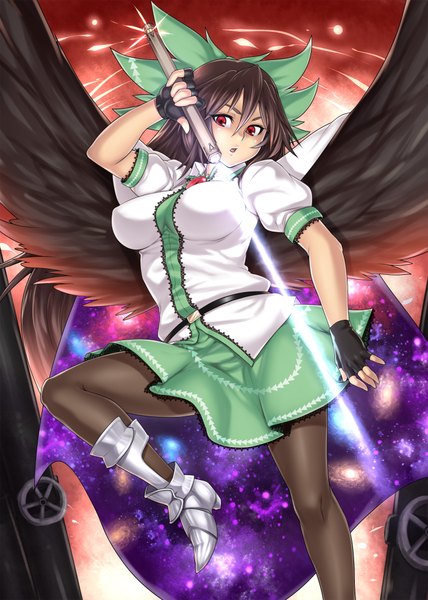 Anime picture 1426x2000 with touhou reiuji utsuho houtengeki long hair tall image open mouth light erotic black hair red eyes black wings starry sky print space print girl skirt gloves bow weapon hair bow wings fingerless gloves