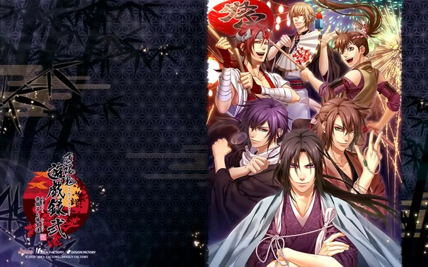 Anime picture 1920x1200 with hakuouki shinsengumi kitan studio deen saito hajime okita souji (hakuouki) hijikata toshizou (hakuouki) chikage kazama sanosuke harada toudou heisuke long hair looking at viewer fringe highres short hair blue eyes blonde hair smile red eyes wide image purple eyes green eyes