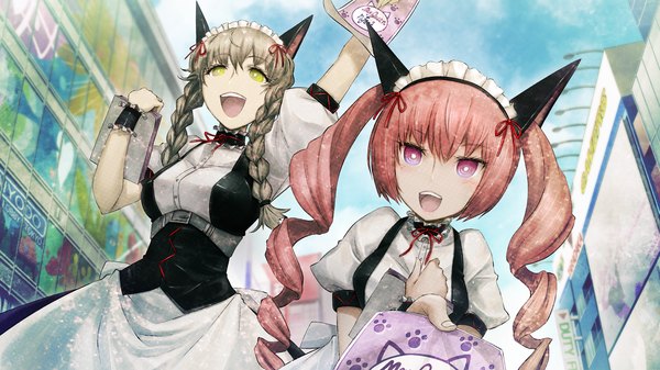 Anime picture 1280x720 with steins;gate white fox faris nyannyan amane suzuha huke long hair open mouth brown hair wide image twintails multiple girls green eyes animal ears pink hair game cg braid (braids) pink eyes cat ears maid drill hair