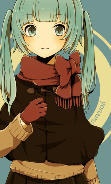 Anime picture 649x1074 with vocaloid hatsune miku chizuru (ambient) single long hair tall image looking at viewer blush fringe smile standing twintails aqua eyes aqua hair alternate costume girl gloves bow scarf sweater