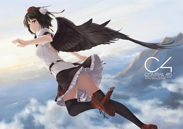 Anime picture 934x660 with touhou shameimaru aya rokuwata tomoe single short hair black hair sky cloud (clouds) looking back sunlight orange eyes spread arms mountain flying black wings sunbeam frilly skirt fog girl thighhighs