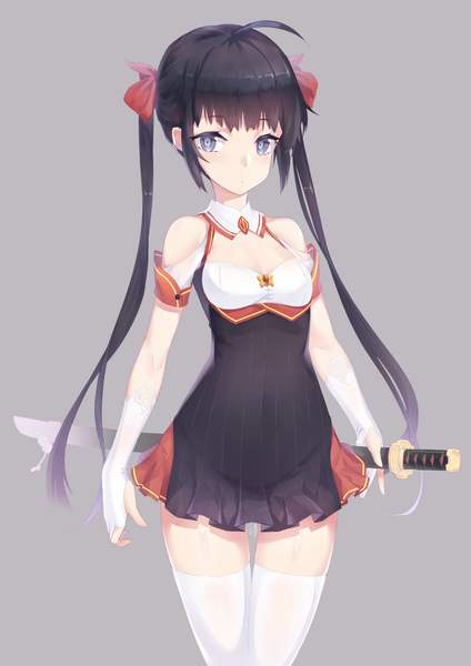 Anime picture 1061x1500 with original dev (dev0614) single long hair tall image looking at viewer fringe black hair simple background standing twintails bare shoulders holding grey background grey eyes girl thighhighs gloves weapon white thighhighs