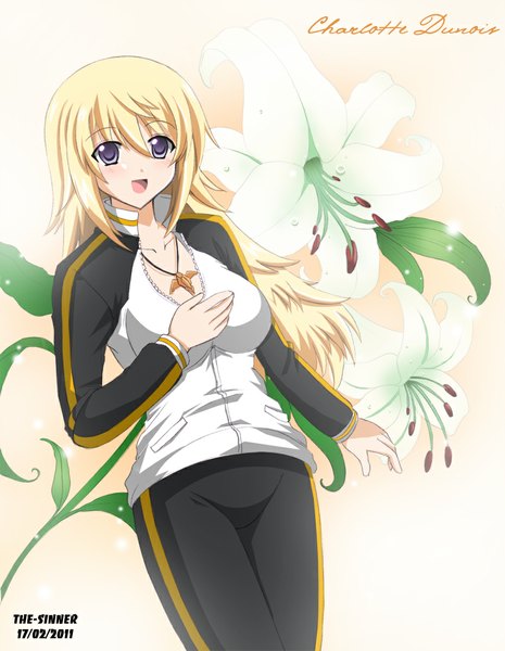 Anime picture 800x1031 with infinite stratos 8bit charles dunois the-sinner single long hair tall image looking at viewer blush black hair blonde hair smile girl uniform choker gym uniform