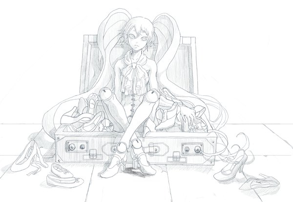 Anime picture 2900x2000 with vocaloid pixiv hatsune miku 42 7 (pixiv id 1740974) single looking at viewer highres short hair monochrome lineart girl bow shoes doll (dolls) suitcase