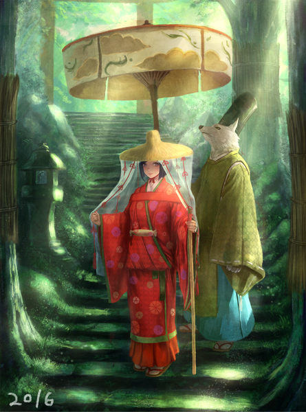 Anime picture 1593x2146 with original yazuwo tall image looking at viewer short hair black hair standing yellow eyes traditional clothes japanese clothes grey eyes girl plant (plants) hat animal tree (trees) straw hat clothes wolf