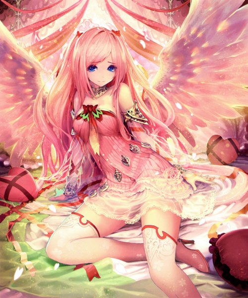 Anime picture 3633x4363 with shingeki no bahamut tachikawa mushimaro (bimo) single long hair tall image looking at viewer highres blue eyes pink hair absurdres scan girl dress ribbon (ribbons) detached sleeves petals wings pillow thigh boots