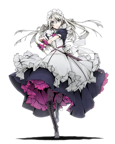 Anime picture 1200x1500 with original murakami suigun single long hair tall image looking at viewer fringe simple background white background holding grey hair maid grey eyes puffy sleeves girl dress gloves uniform weapon pantyhose