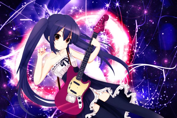 Anime picture 1200x800 with k-on! kyoto animation nakano azusa single long hair looking at viewer twintails yellow eyes purple hair nail polish girl thighhighs dress black thighhighs guitar