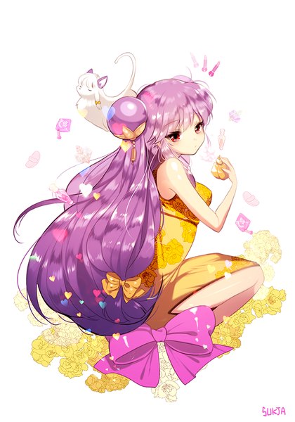 Anime picture 700x1000 with ranma 1/2 shampoo (ranma 1/2) sorolp long hair tall image looking at viewer blush fringe red eyes sitting twintails bare shoulders holding pink hair bent knee (knees) traditional clothes looking back hair bun (hair buns) sleeveless chinese clothes