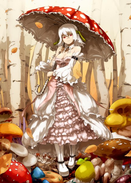 Anime picture 900x1255 with original amanita muscaria oso (toolate) single tall image looking at viewer fringe short hair breasts light erotic smile hair between eyes red eyes standing bare shoulders cleavage white hair long sleeves head tilt lacing