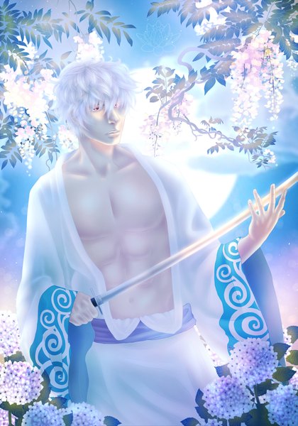 Anime picture 1600x2286 with gintama sunrise (studio) sakata gintoki yaroslavapanina single tall image short hair red eyes holding cloud (clouds) white hair traditional clothes japanese clothes night night sky muscle boy navel flower (flowers) weapon