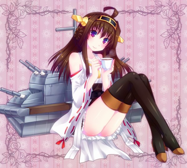 Anime picture 1000x900 with kantai collection kongou battleship door to heaven single long hair blush light erotic smile brown hair sitting purple eyes bare shoulders ahoge traditional clothes light smile nontraditional miko girl hair ornament weapon detached sleeves