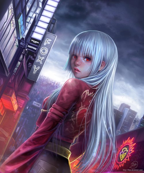 Anime picture 900x1081 with the king of fighters snk kula diamond hiya (hlya) single long hair tall image red eyes sky silver hair cloud (clouds) looking back lips freckles street girl building (buildings) skyscraper