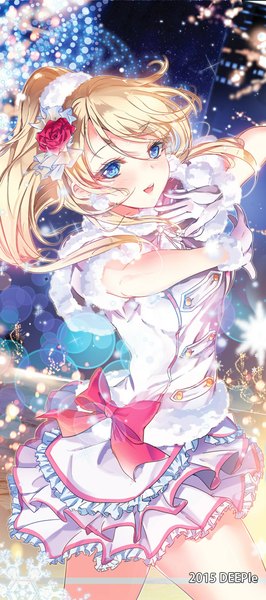 Anime picture 500x1125 with love live! school idol project sunrise (studio) love live! ayase eli deeple single long hair tall image blush open mouth blue eyes blonde hair standing ponytail night sparkle night sky fur trim snowing glow