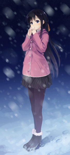 Anime picture 800x1761 with original senji (tegone spike) single long hair tall image blush blue eyes black hair pleated skirt wind snowing winter footprints girl skirt miniskirt jacket boots