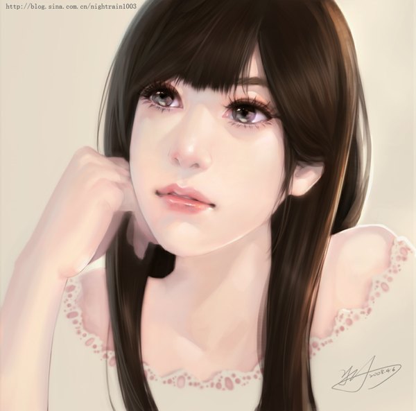Anime picture 1000x989 with yu-han single long hair fringe black hair simple background bare shoulders signed looking away lips grey eyes girl