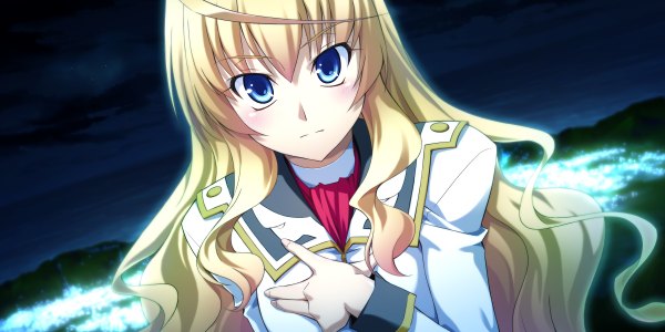 Anime picture 2400x1200 with soranica ele (game) ophelia uriela diefenbaker izumi mahiru long hair highres blue eyes blonde hair wide image game cg girl serafuku