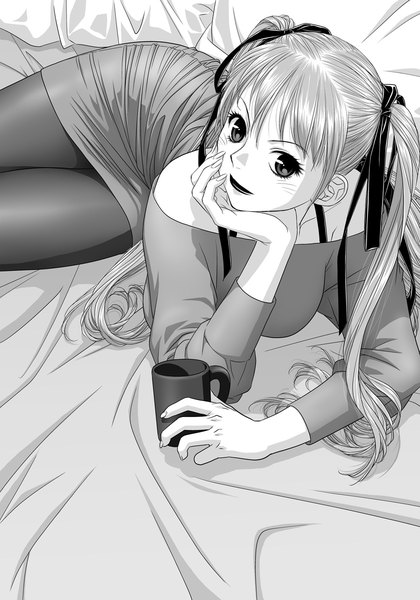 Anime picture 841x1200 with original toshiki yui single long hair tall image looking at viewer twintails grey hair black eyes monochrome girl ribbon (ribbons) hair ribbon suit cup