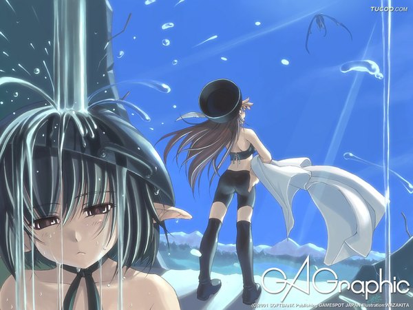 Anime picture 1024x768 with gagraphic wazakita long hair black hair brown hair multiple girls signed pointy ears copyright name girl 2 girls water shorts cap splashes pot