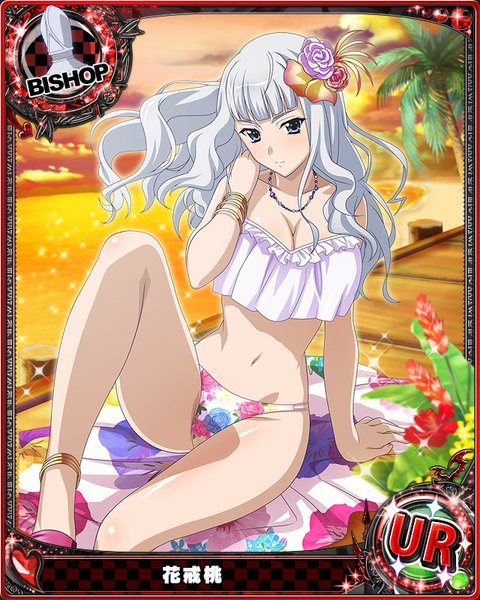 Anime picture 640x800 with highschool dxd hanakai momo single long hair tall image looking at viewer blue eyes light erotic white hair hair flower midriff card (medium) girl navel hair ornament flower (flowers) swimsuit bikini