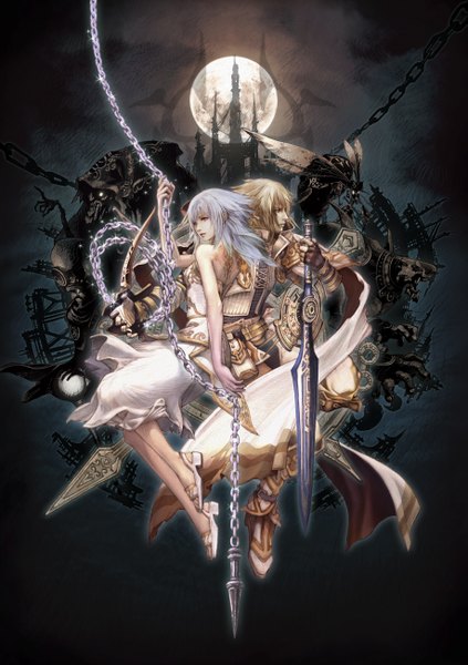 Anime picture 3670x5201 with pandora no tou ceres (pandora no tou) ende (pandora no tou) tall image highres blonde hair purple eyes absurdres white hair girl dress boy gloves weapon sword fingerless gloves moon cape chain sandals