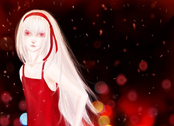 Anime picture 1800x1302 with k-project gohands (studio) kushina anna silent alarm (artist) single long hair looking at viewer highres red eyes bare shoulders white hair lips hand on hip alternate age girl dress sundress