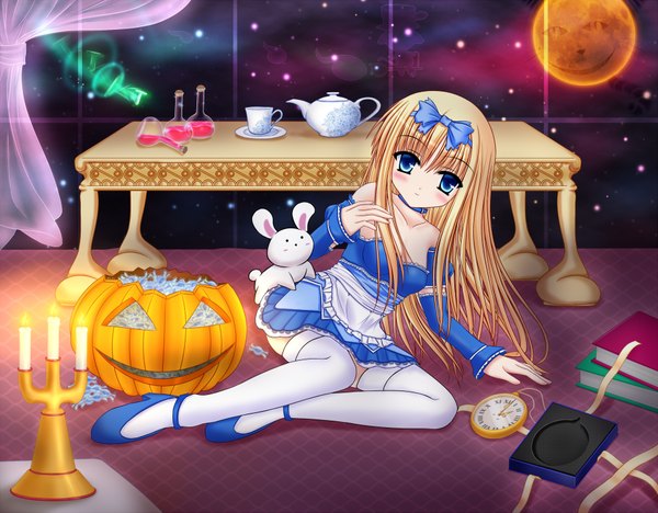Anime picture 1920x1499 with alice in wonderland alice (wonderland) tagme (artist) long hair blush highres blue eyes blonde hair loli halloween girl thighhighs dress bow hair bow white thighhighs jacket book (books) table clock
